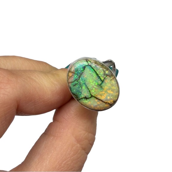 Monarch Fire Opal Ring Size 7 Solid 925 Sterling Silver Oval Green Stone - Picture 7 of 9